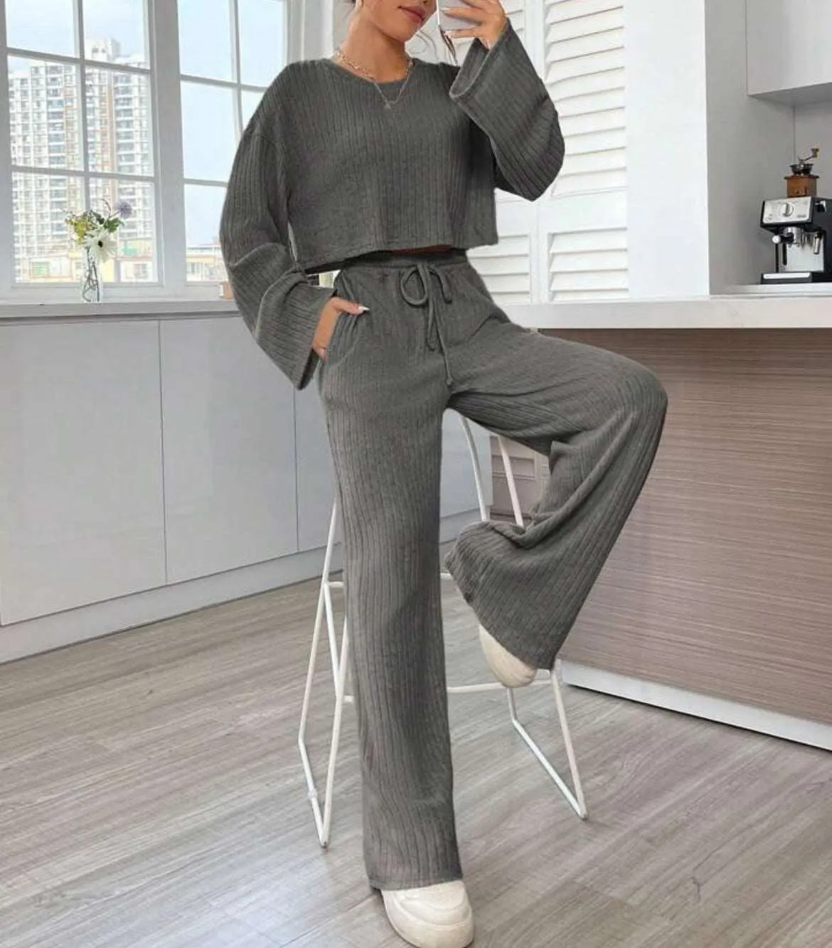 Women's Casual Loungewear Knitted Long Sleeve Top and Pants Outfit Set