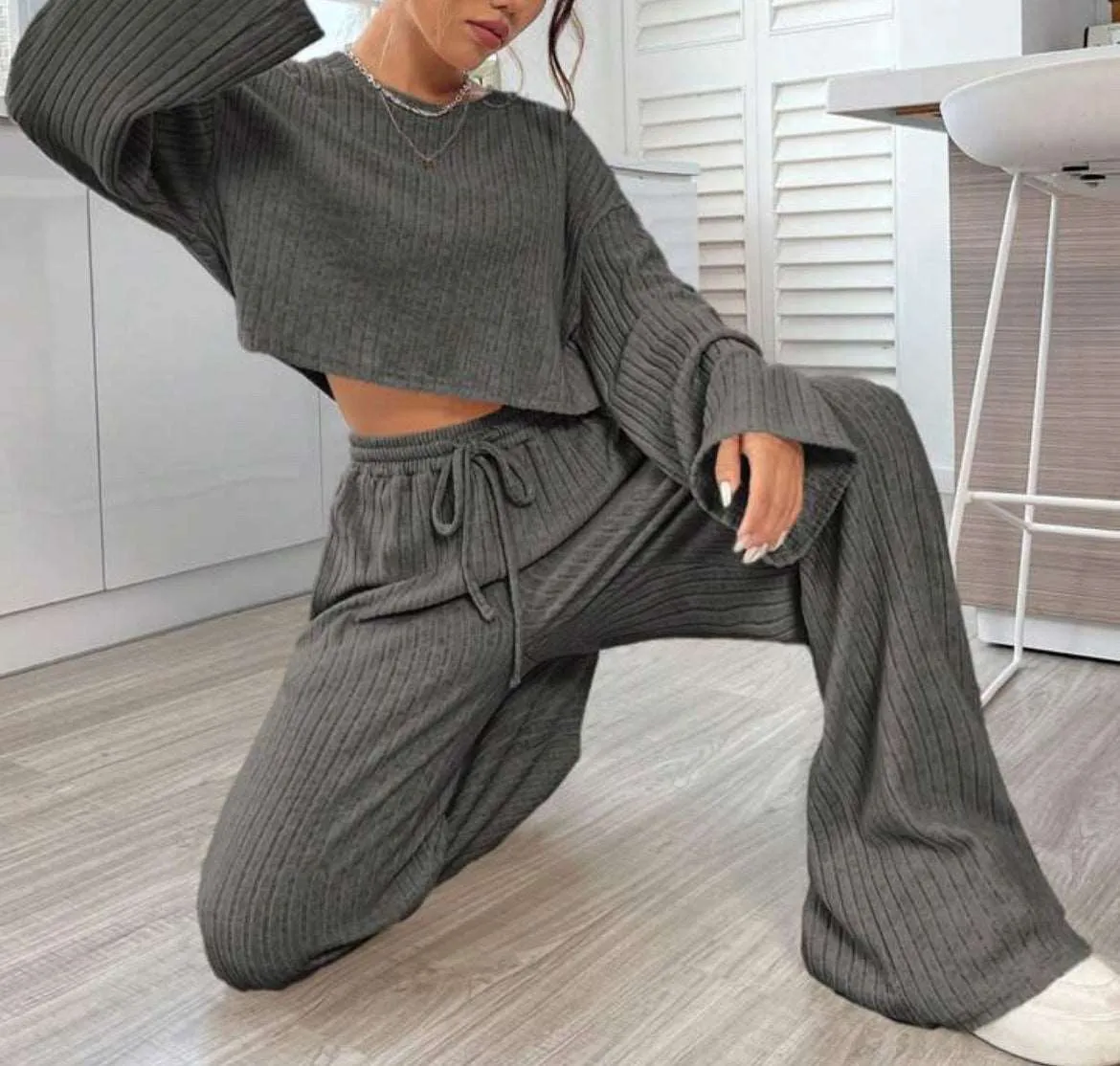 Women's Casual Loungewear Knitted Long Sleeve Top and Pants Outfit Set