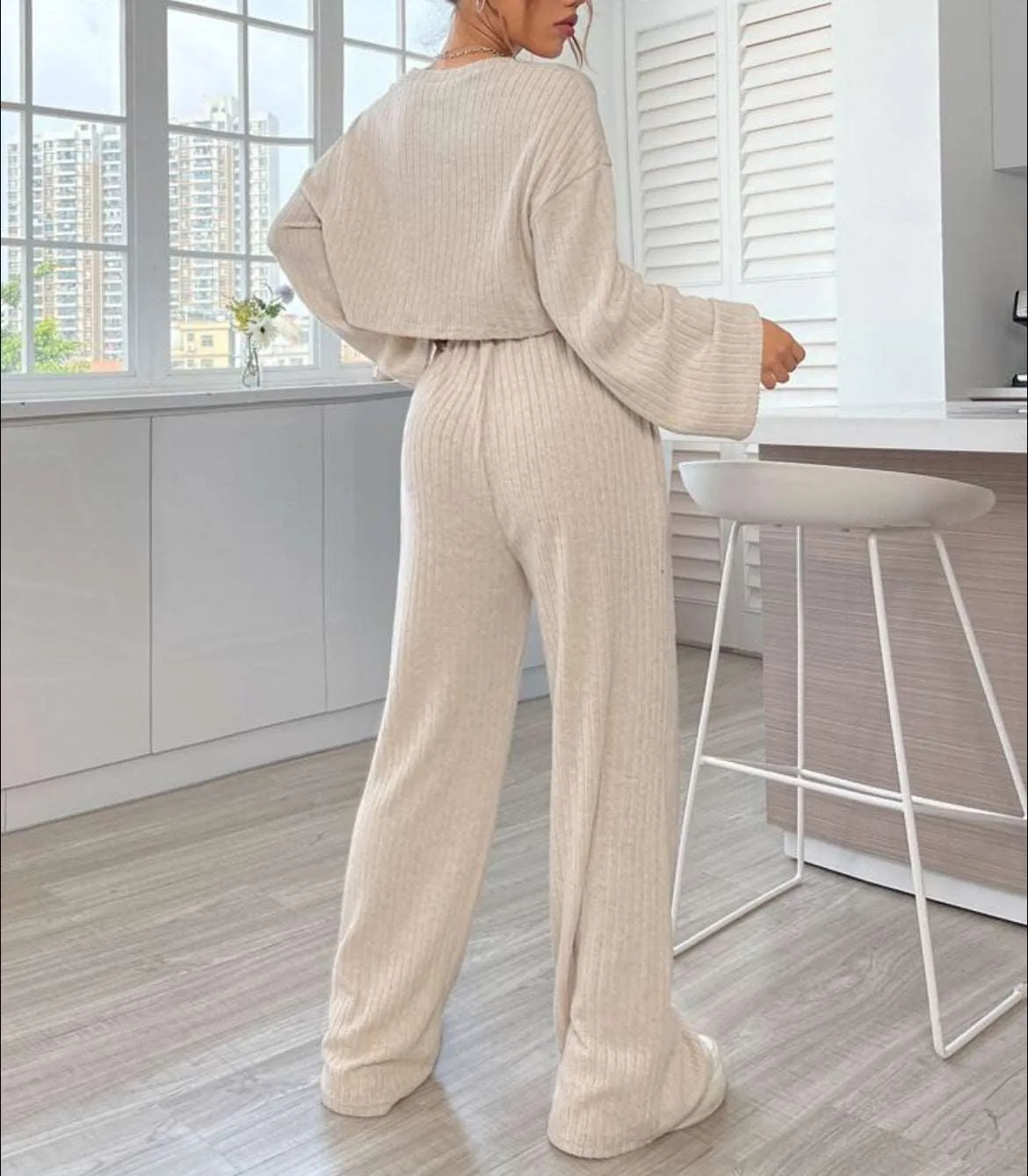 Women's Casual Loungewear Knitted Long Sleeve Top and Pants Outfit Set