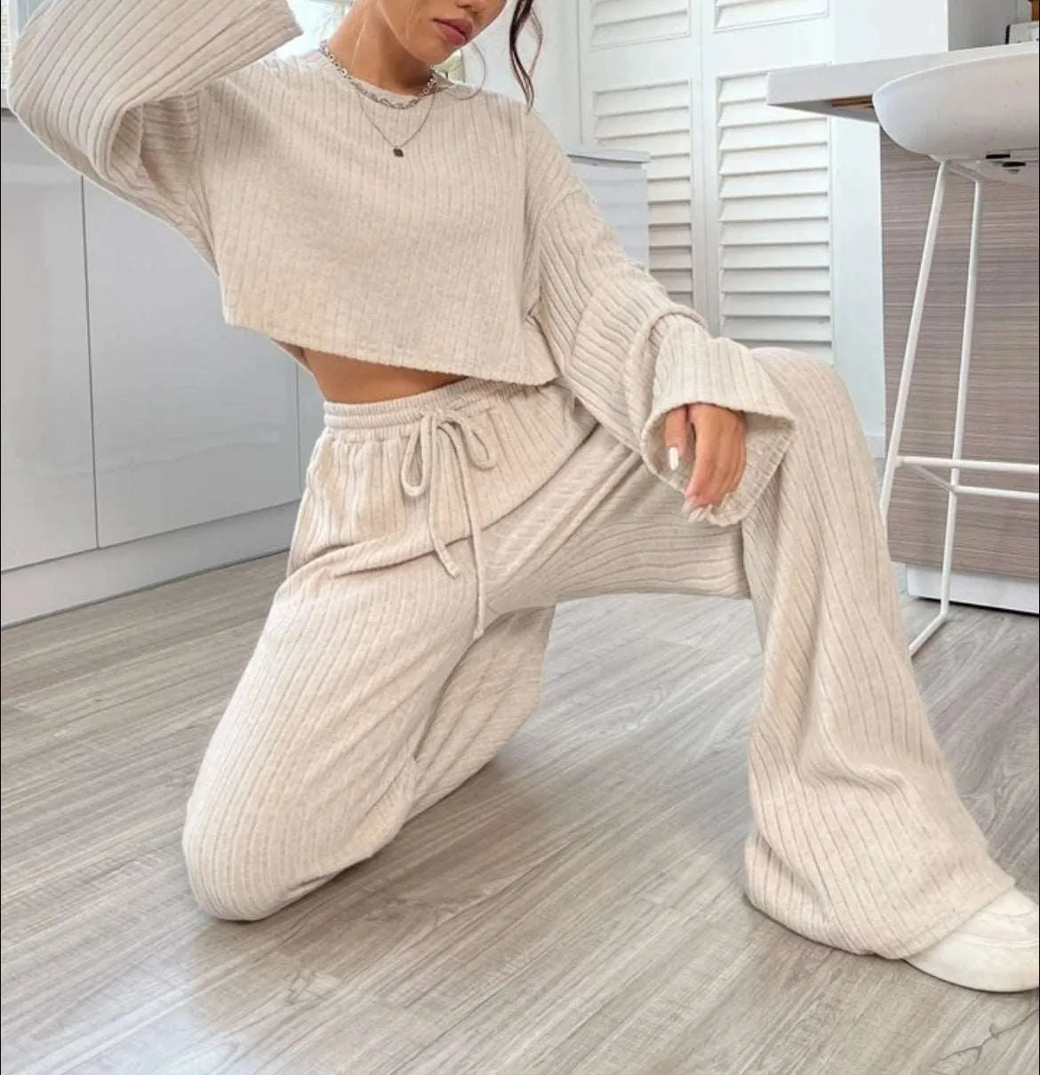 Women's Casual Loungewear Knitted Long Sleeve Top and Pants Outfit Set