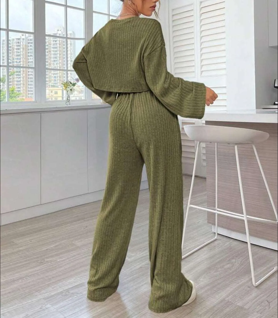 Women's Casual Loungewear Knitted Long Sleeve Top and Pants Outfit Set