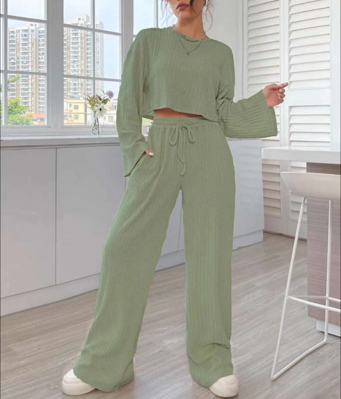 Women's Casual Loungewear Knitted Long Sleeve Top and Pants Outfit Set