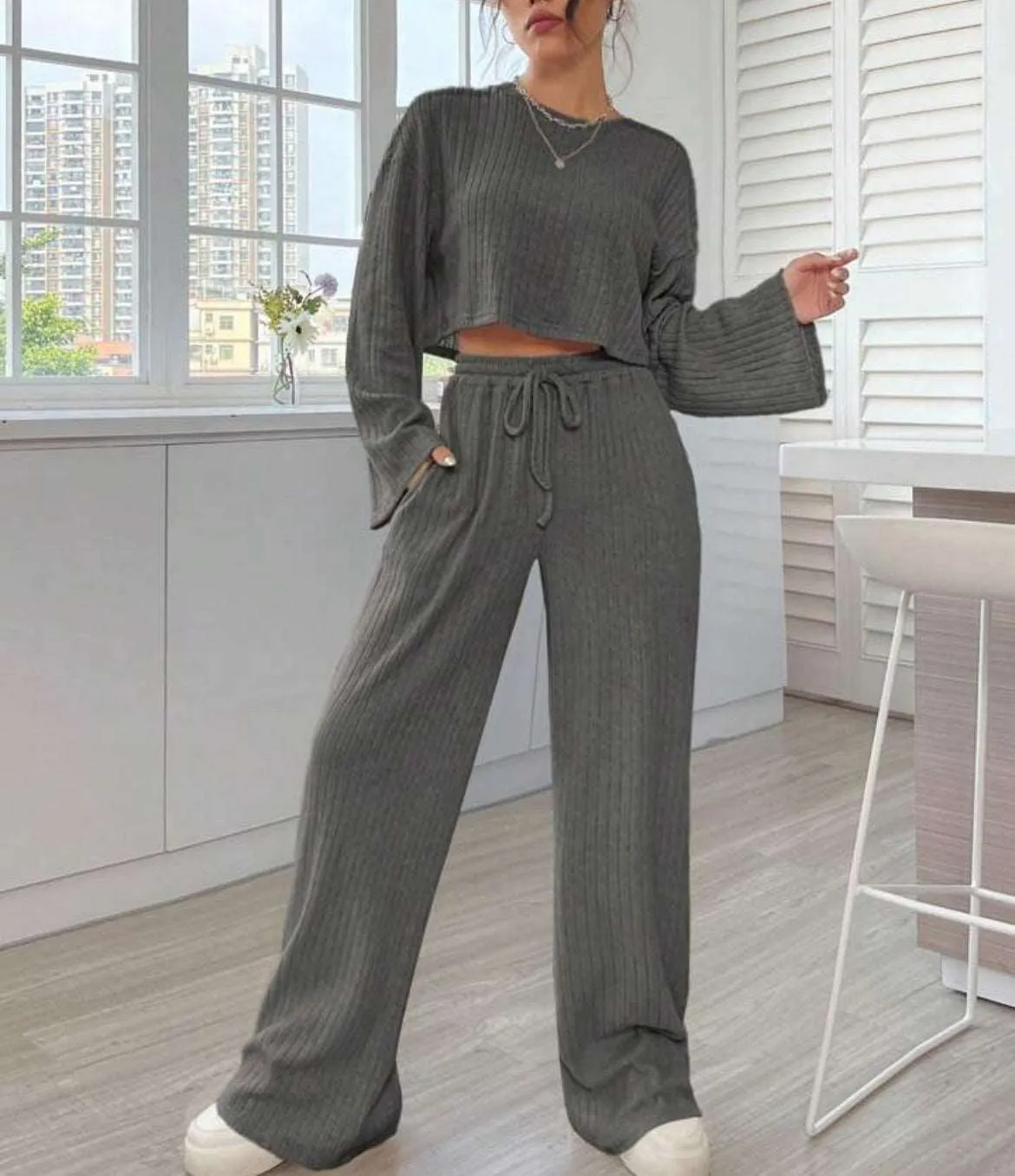 Women's Casual Loungewear Knitted Long Sleeve Top and Pants Outfit Set