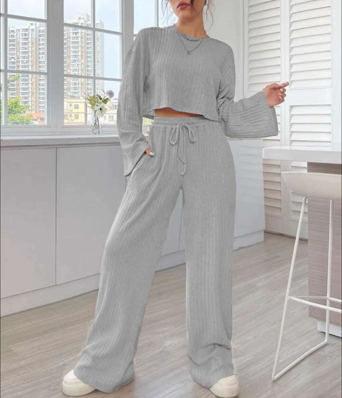 Women's Casual Loungewear Knitted Long Sleeve Top and Pants Outfit Set